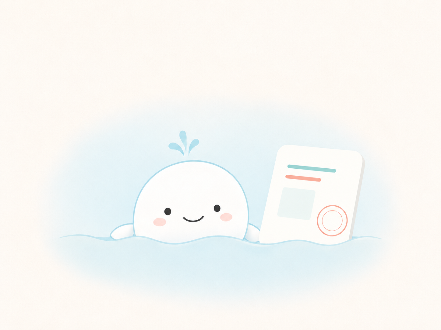 小白鲸从水面探出，旁边放着报告纸